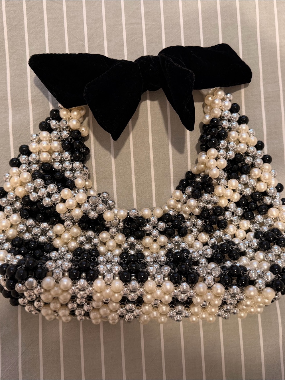 Black, White & Silver Beaded Statement Necklace with Velvet Bow